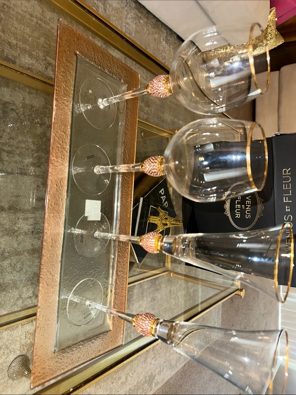 Pink & Gold Rhino Trim Crystal Wine Glasses - Set